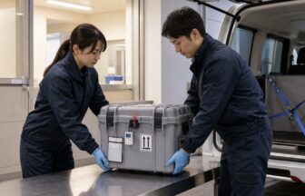 検体輸送の外装容器・温度ロガー・固定方法を二人で確認する