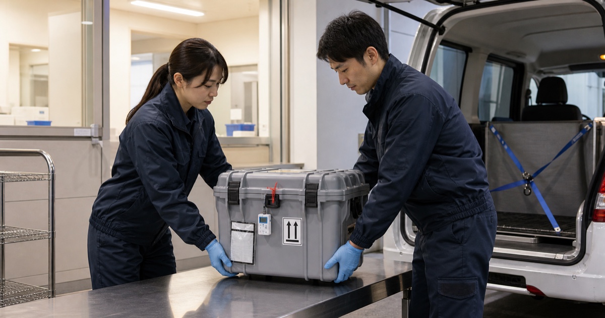 検体輸送の外装容器・温度ロガー・固定方法を二人で確認する