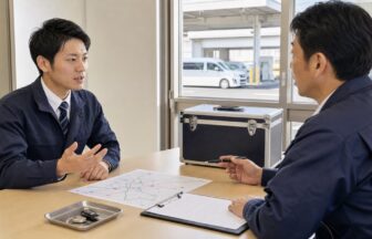 検体輸送の面接で運行条件を確認する応募者と採用担当者