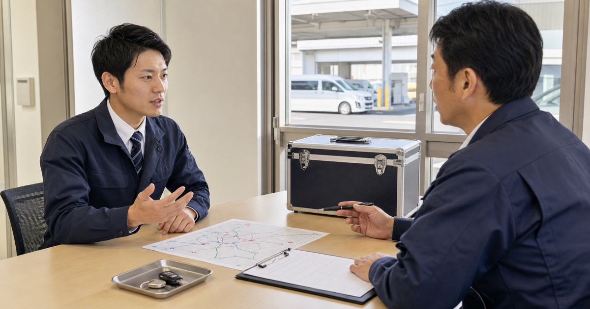 検体輸送の面接で運行条件を確認する応募者と採用担当者