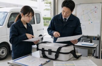 検体輸送の求人票を配送拠点で確認する担当者