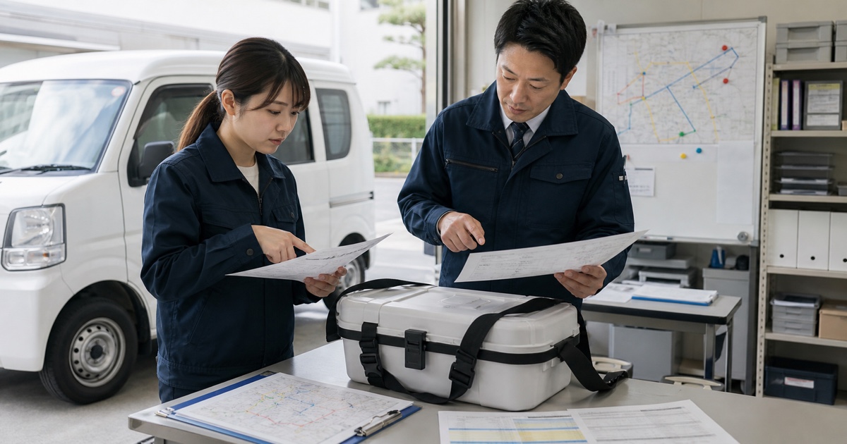 検体輸送の求人票を配送拠点で確認する担当者