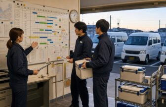 検体輸送の集荷時刻・受入締切・休息を配車表で確認する
