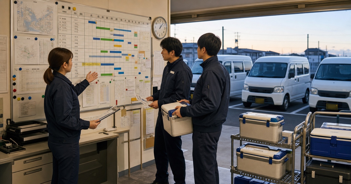 検体輸送の集荷時刻・受入締切・休息を配車表で確認する