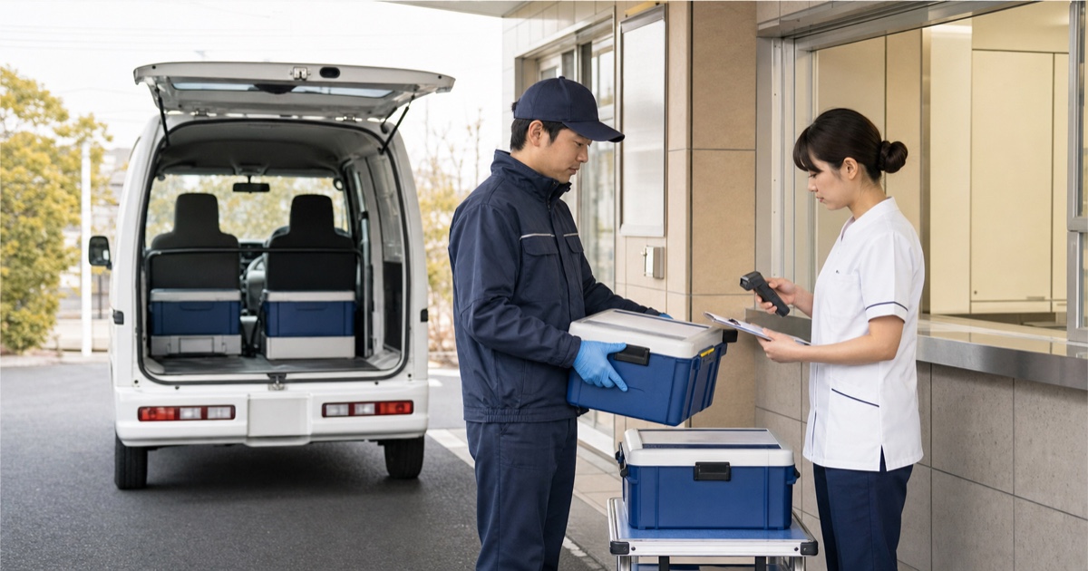 検体輸送の集荷先で密閉容器と受渡し記録を照合する