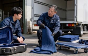 楽器輸送の新人研修で養生具と台車を学ぶドライバー
