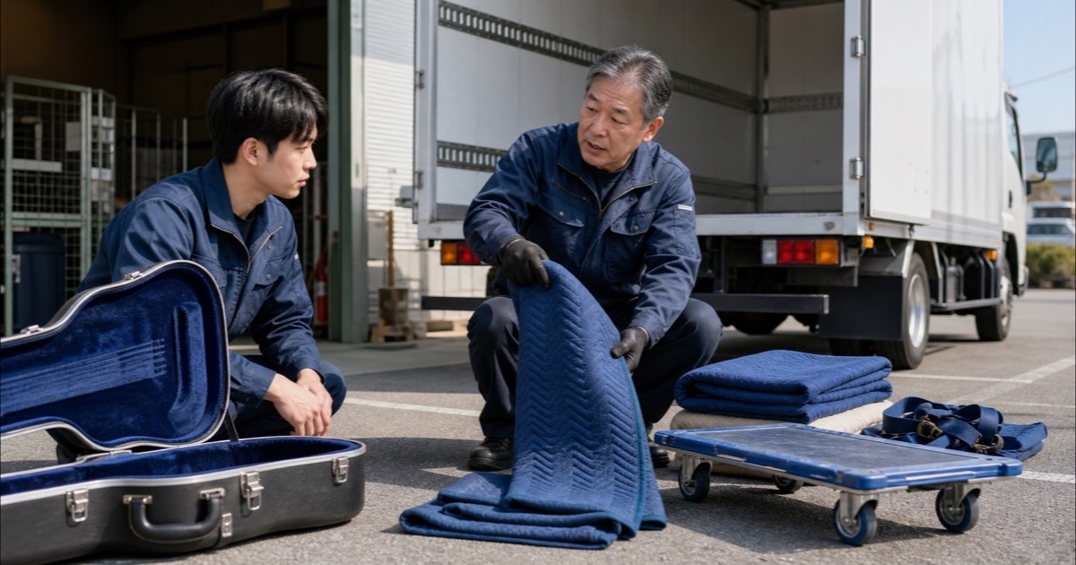 楽器輸送の新人研修で養生具と台車を学ぶドライバー