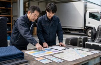 楽器輸送の技能台帳と次の役割を確認する先輩とドライバー