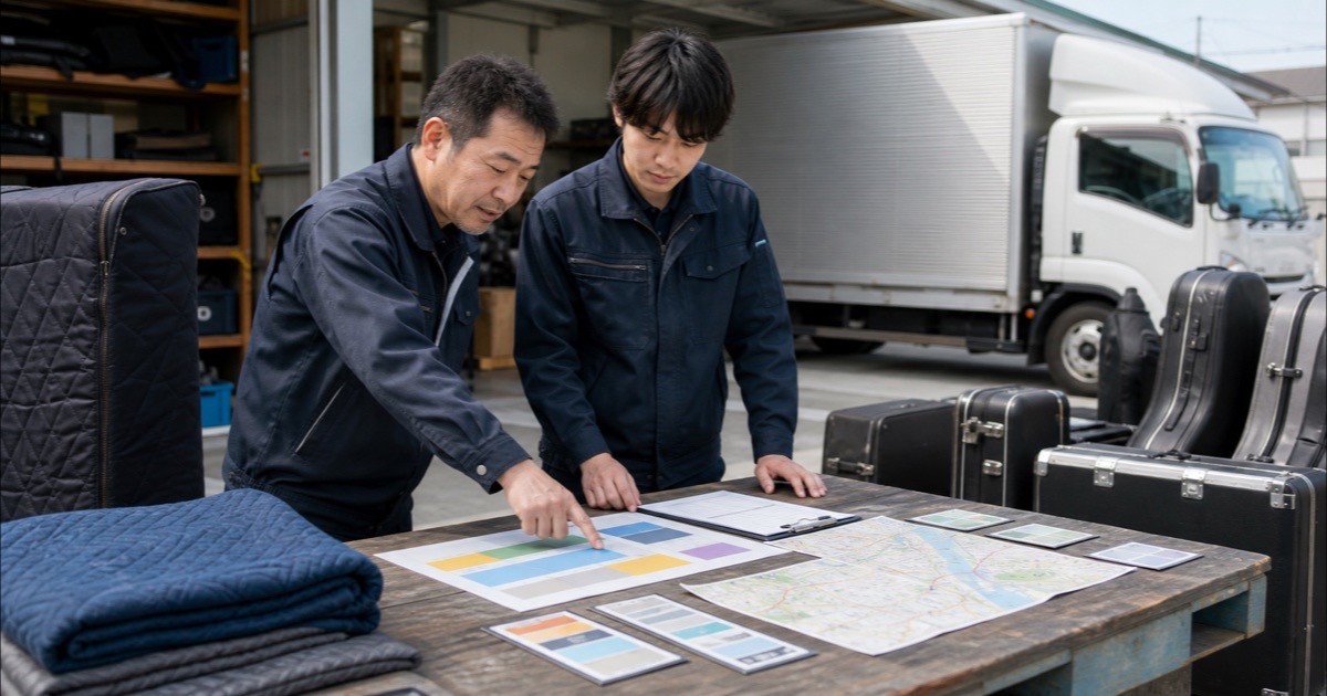 楽器輸送の技能台帳と次の役割を確認する先輩とドライバー