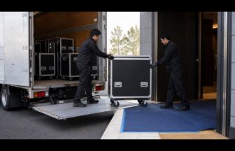 パッド付き楽器ケースをリフトゲートと台車で運ぶ二人の作業員