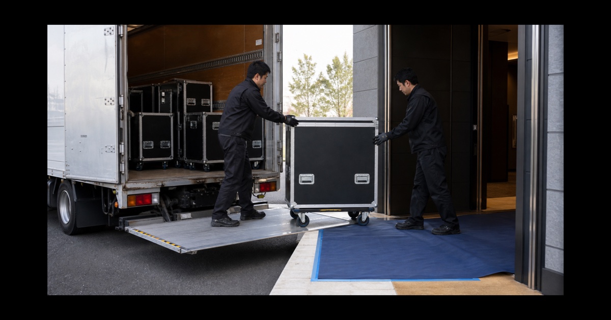パッド付き楽器ケースをリフトゲートと台車で運ぶ二人の作業員