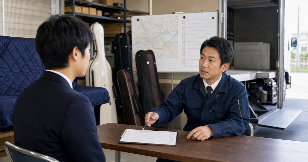 楽器輸送の面接で配車と荷役条件を確認する応募者