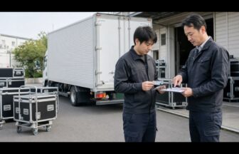 担当車両の書類と積載計画を確認する楽器輸送ドライバーと責任者