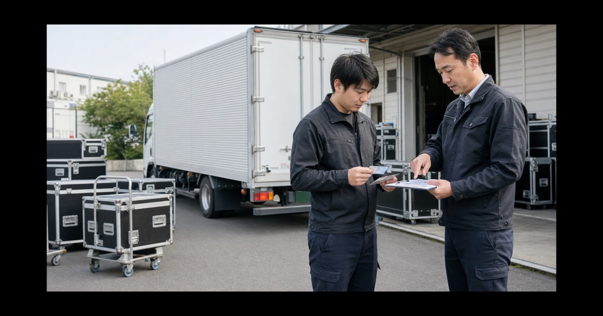 担当車両の書類と積載計画を確認する楽器輸送ドライバーと責任者