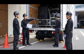 リフトゲートと固定具を使う前に安全確認を行う楽器輸送チーム