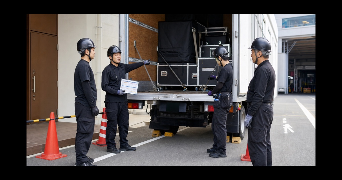 リフトゲートと固定具を使う前に安全確認を行う楽器輸送チーム