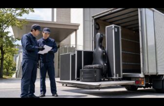 コンサートホール搬入口で楽器ケースと搬入表を確認する楽器輸送担当者