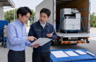 OA機器配送求人の仕事内容と条件を候補車両の前で比較する応募者