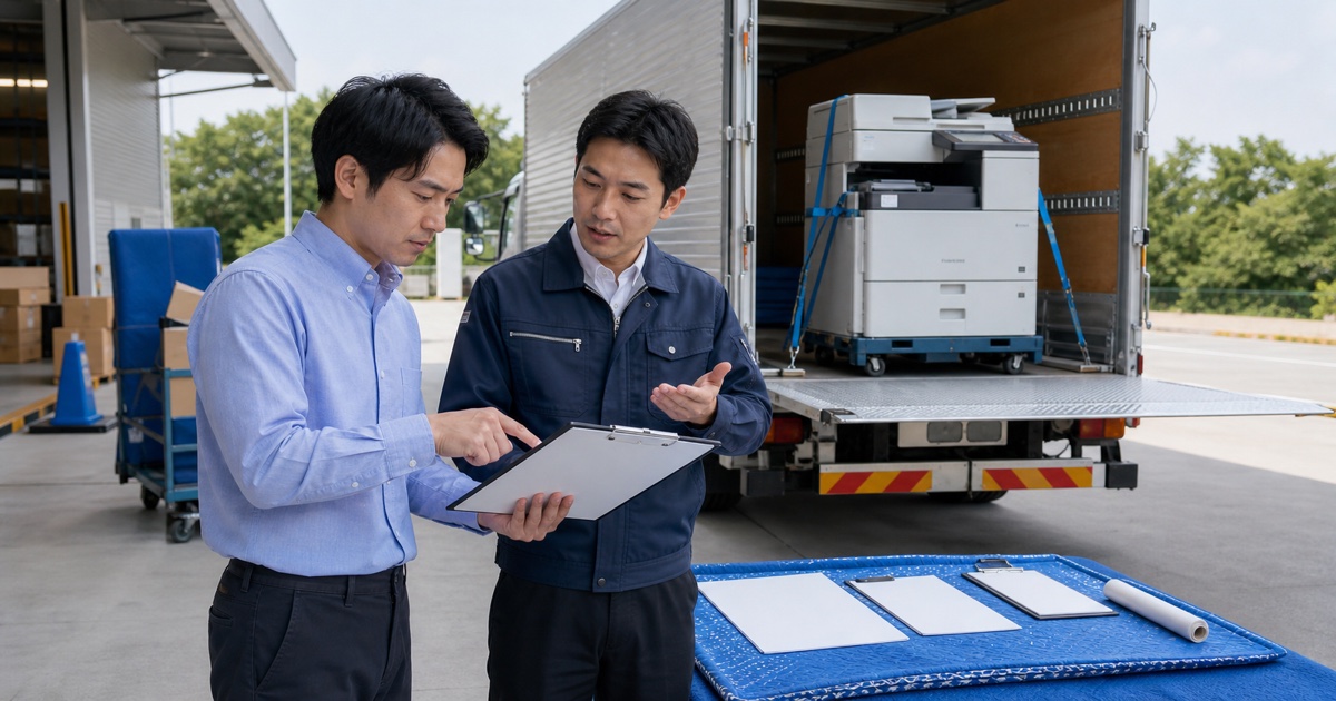 OA機器配送求人の仕事内容と条件を候補車両の前で比較する応募者