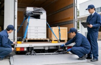 OA機器配送の出庫前に固定具とリフトを点検する作業員