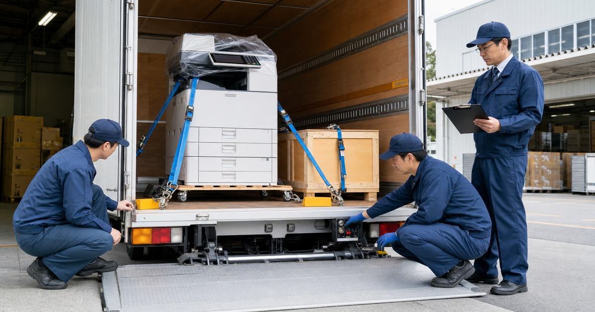 OA機器配送の出庫前に固定具とリフトを点検する作業員