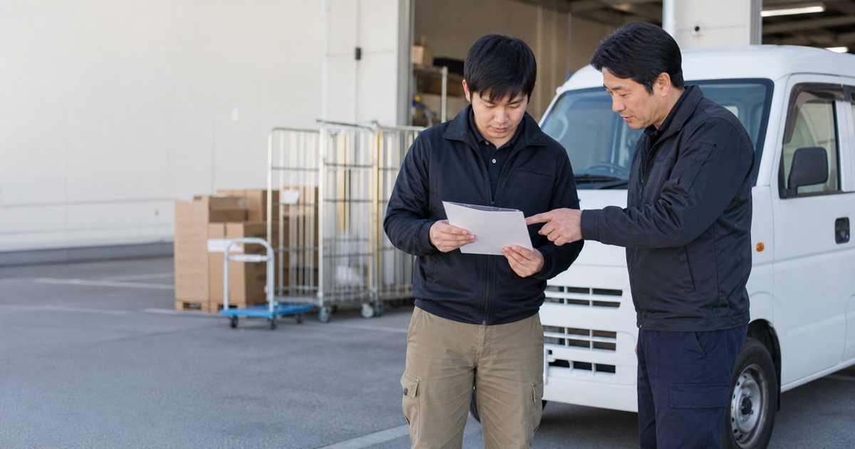 未経験の宅配便ドライバーが指導者と候補車・配達手順を確認する
