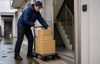 台車と安全な持ち方で宅配便の荷役負担を確認するドライバー