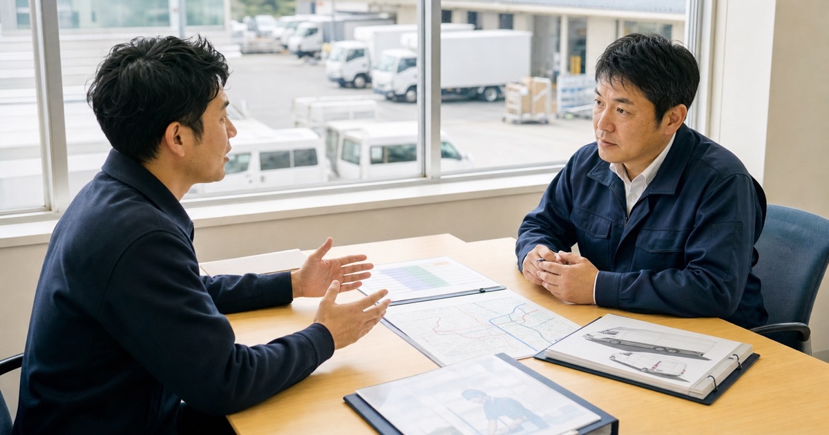 宅配便ドライバー面接で配達区域・勤務・給与条件を確認する応募者