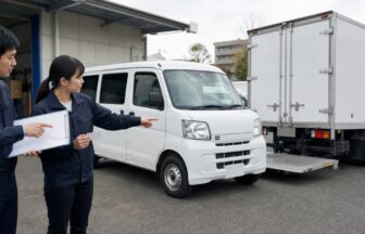 宅配便配送の候補車両と必要免許を照合する応募者と配車担当