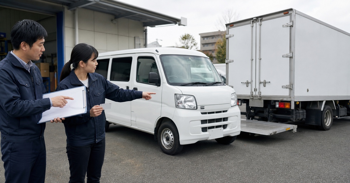 宅配便配送の候補車両と必要免許を照合する応募者と配車担当
