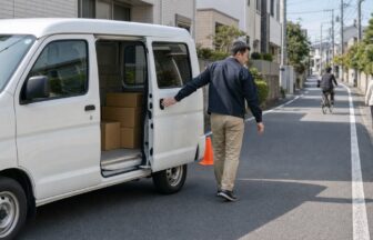 宅配車両の死角と周辺安全を乗務前に確認するドライバー