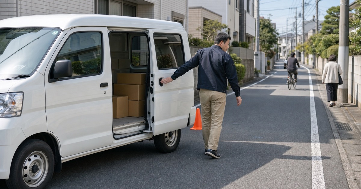 宅配車両の死角と周辺安全を乗務前に確認するドライバー