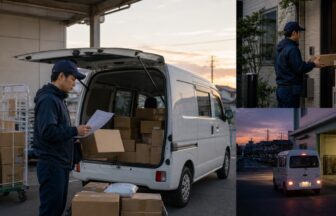 早朝の営業所で宅配便の積込と一日の配達計画を確認するドライバー