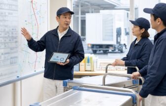学校給食配送のルート表と改善記録を同僚へ説明するリーダードライバー