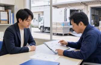 学校給食配送の面接で候補便の工程表を確認する応募者と採用担当者