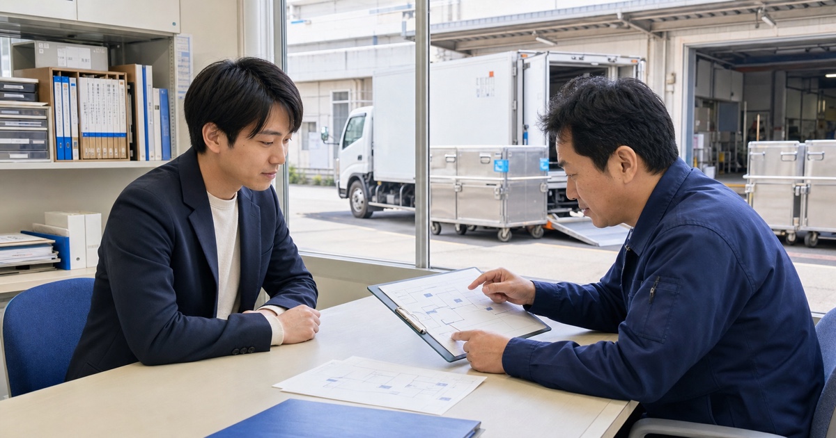 学校給食配送の面接で候補便の工程表を確認する応募者と採用担当者