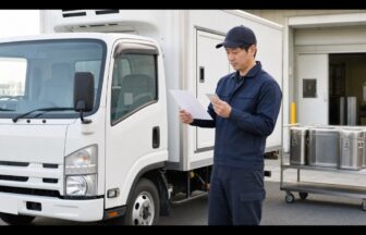 学校給食配送車の前で車検証記録事項と運転免許証を確認するドライバー