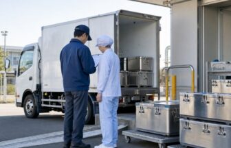 学校給食センターで配送予定表を確認する運転手と給食スタッフ