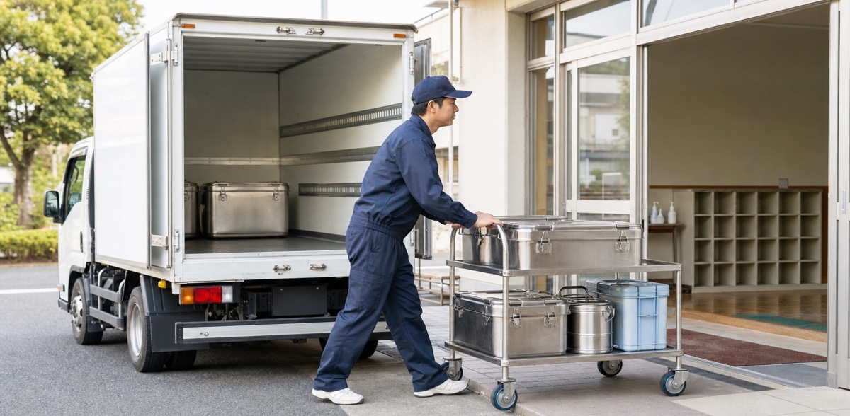学校の受配口で密閉された給食容器を台車に載せて配送車から運ぶドライバー